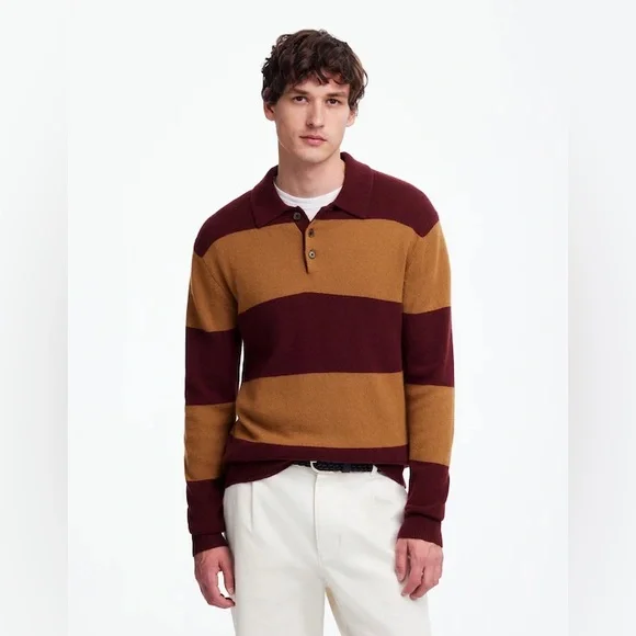 NWT Madewell Rugby-Stripe Sweater Polo Wool & Cashmere - Tan & burgundy Medium - Picture 1 of 9